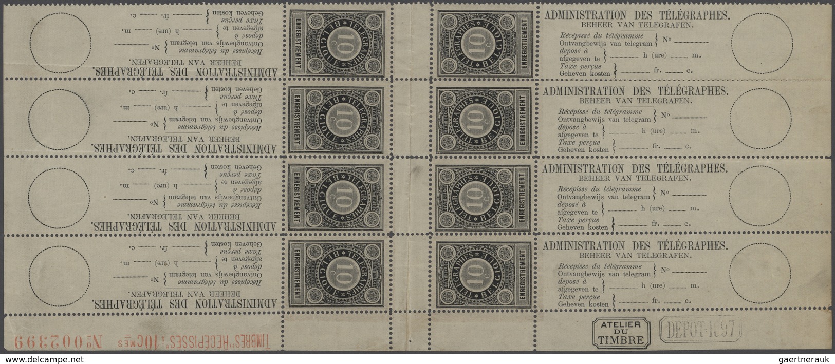 ** Belgien - Telegrafenmarken: 1897, Telegrafenquittungsmarke 10 C Schwarz Im Kopfstejhenden 8er-Bogen - Timbres Télégraphes [TG]