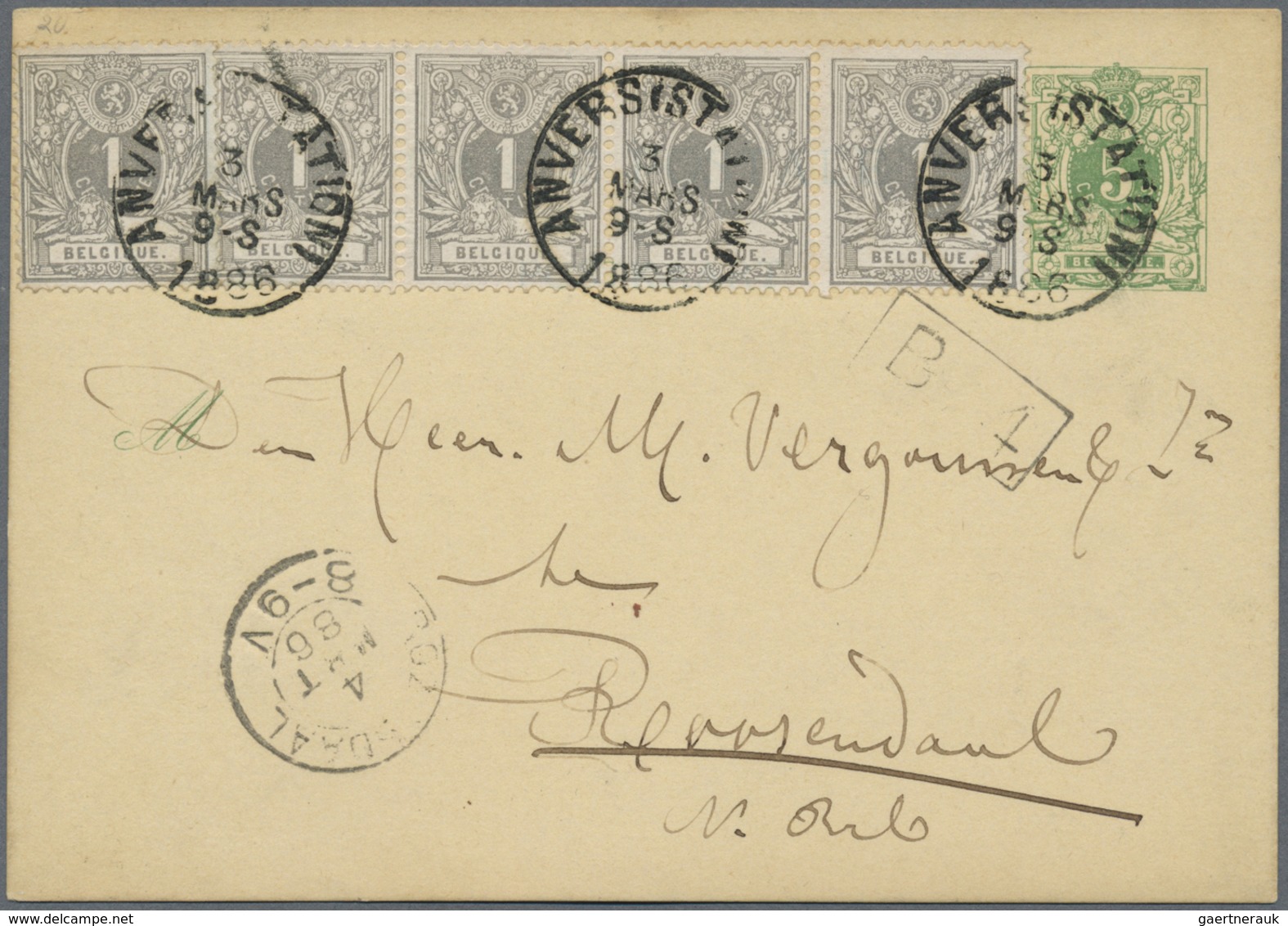 GA Belgien - Ganzsachen: 1886, 5 C Green Postal Stationery Card, Uprated With 5 X 1 C Grey, Sent From A - Autres & Non Classés