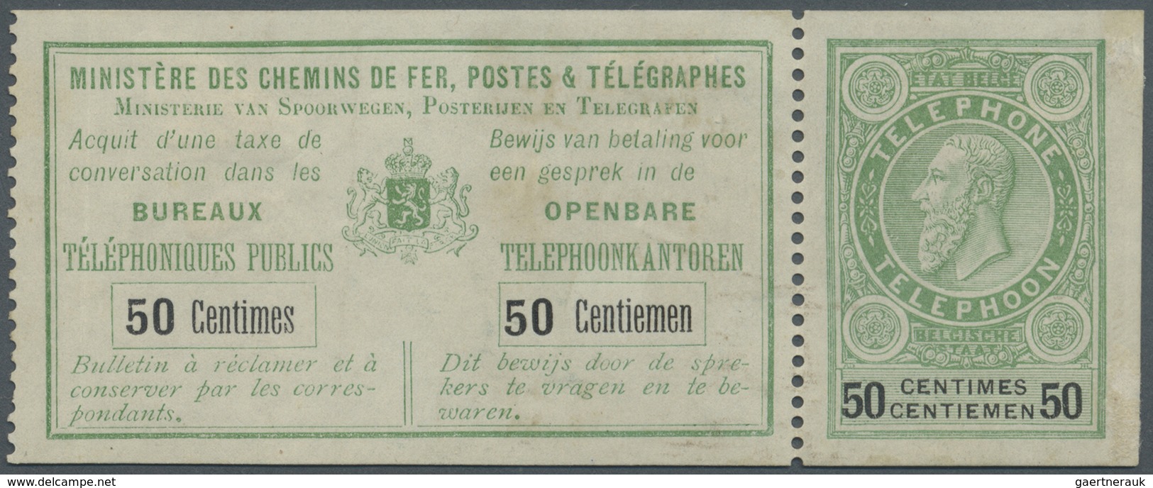 GA Belgien - Ganzsachen: Ca. 1897, Telephone Billet 50 Cent Leopold II, Heavily Hinged. - Andere & Zonder Classificatie