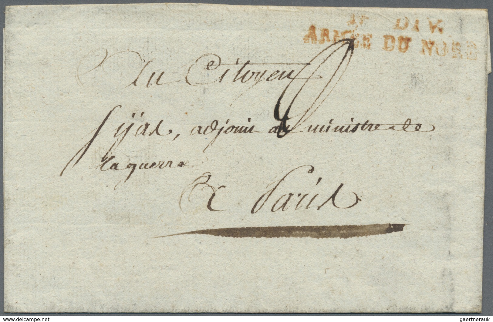 Br Belgien - Französische Armeepost: 1794, "1 RE DIV. ARMÉE DU NORD", Double Line In Red On Folded Cove - Autres & Non Classés