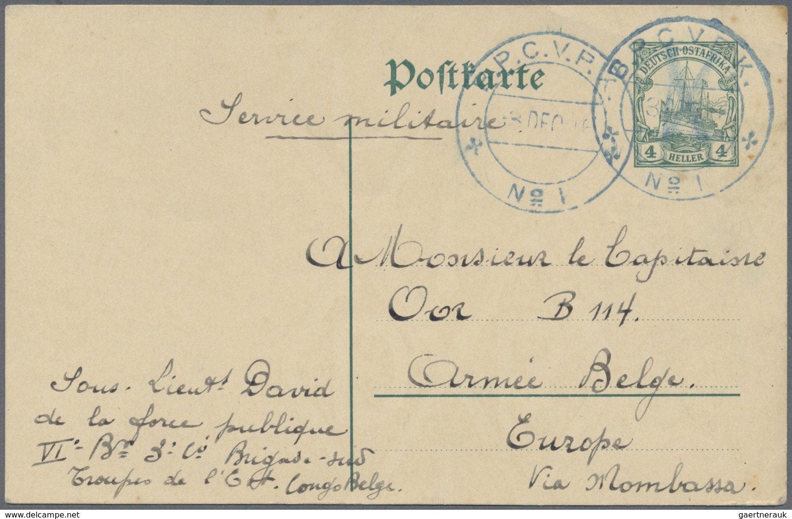 GA Belgien - Besonderheiten: 1916, German East Africa Card 4 H. Used As Form Canc. Blue Belgian FPO Mar - Andere & Zonder Classificatie