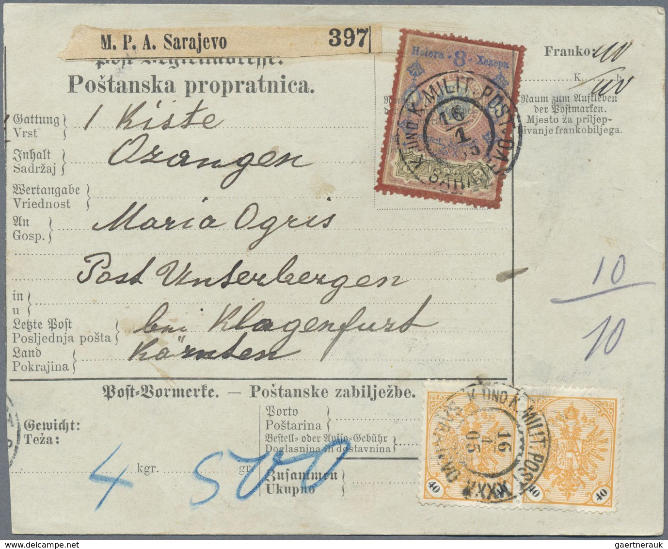 Br Bosnien Und Herzegowina: 1900/1905, Two Post Escort Adresses From Sarajevo To Vienna And To Unterber - Bosnie-Herzegovine