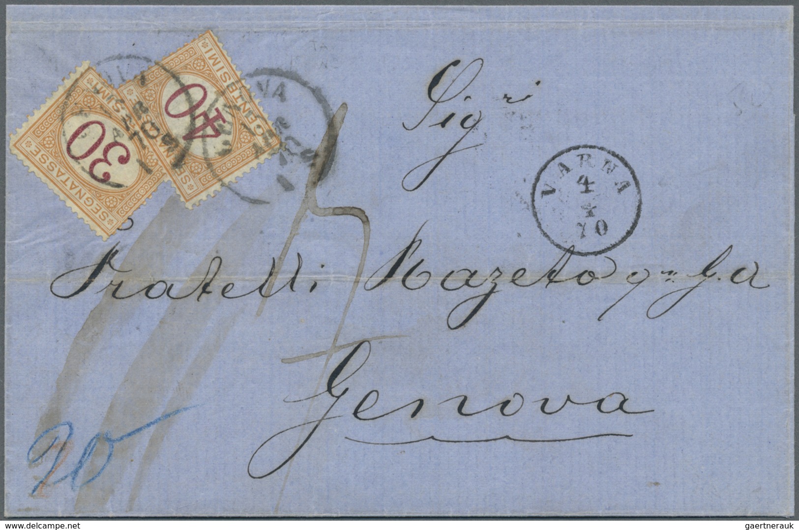 Br Bulgarien: 1870, Mail From "VARNA" To Italy, Postage Dues 30c. Ocre/carmine And 40c. Ocre/carmine On - Lettres & Documents