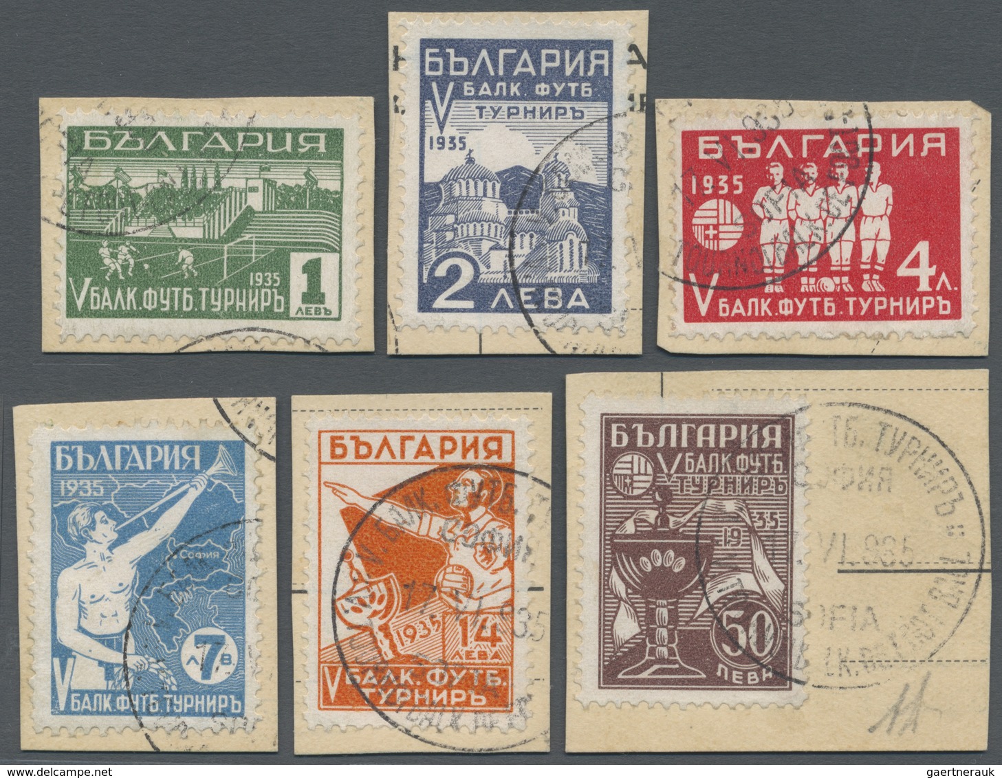 Brfst Bulgarien: 1935, 5th Balkan Football Championship, 1l. To 50l., Complete Set Of Six Values, On Piece - Covers & Documents