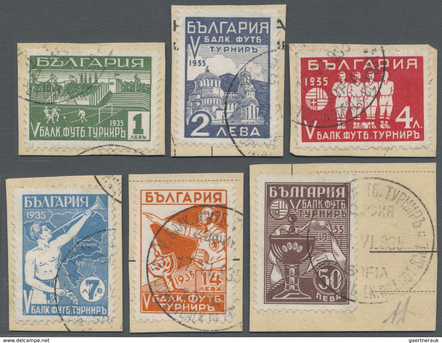 Brfst Bulgarien: 1935, 5th Balkan Football Championship, 1l. To 50l., Complete Set Of Six Values, On Piece - Brieven En Documenten