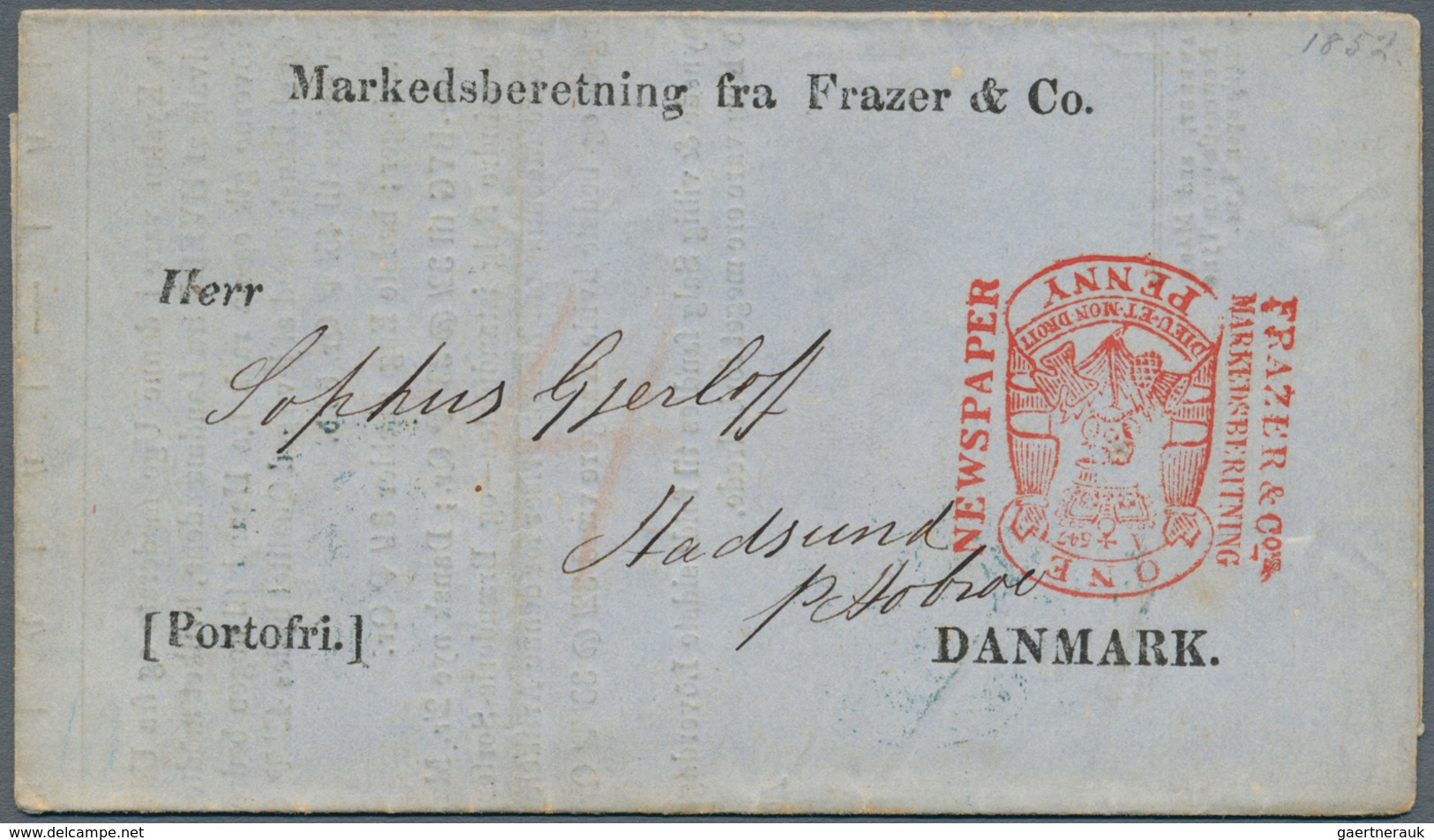 Br Dänemark: 1852 British Incoming Mail: Printed Matter "Markedsberetning Fra Frazer & Co" With Red "NE - Brieven En Documenten