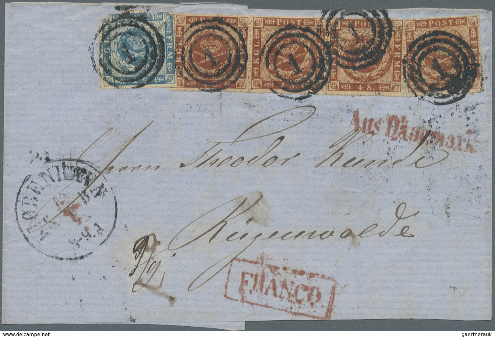 Br Dänemark: 1854. 2 S Blue(damaged On Top) + 1863, Rouletted Issue 4 S Brown Horizontal Strip Of 3 And - Lettres & Documents