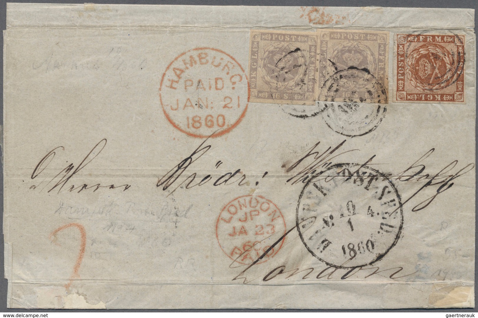 Br Dänemark: 1854, Dotted Spandrels 16 Sk.grey-violet (2 Ex.) And 4 Sk. Red-brown, All With Wide Margin - Lettres & Documents