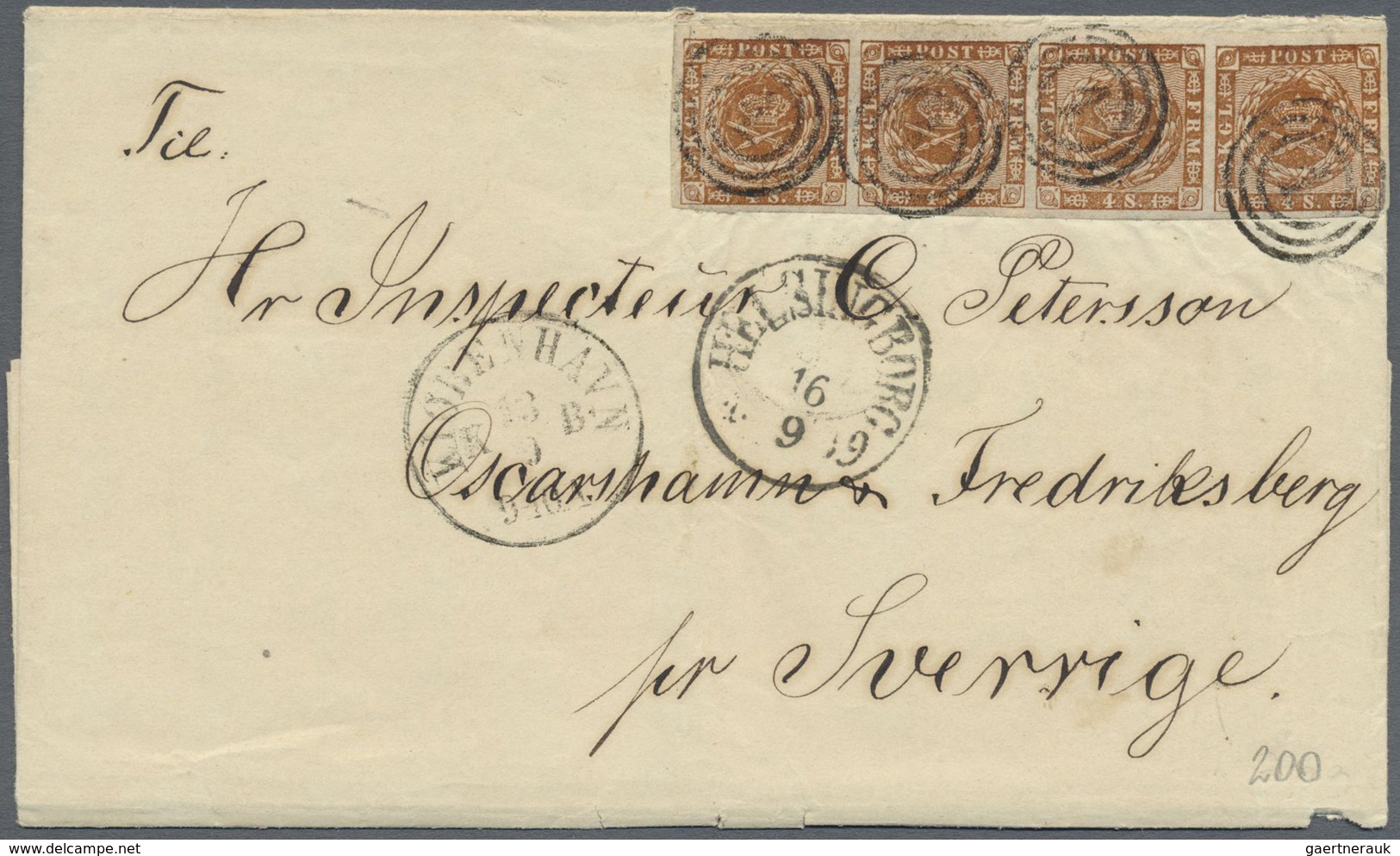 Br Dänemark: 1858, 4 S Brown Stripe Of Four Cancelled 4x "1" On Complete Folded Letter From KIOBENHAVN - Lettres & Documents