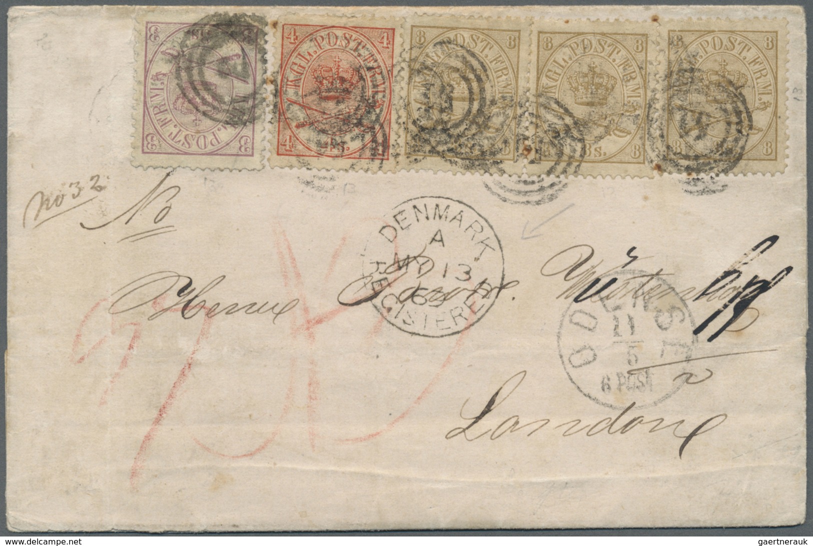 Br Dänemark: 1868, 3 S., 4 S. And 8 S. (3) Canc. Numeral "51" W. "ODENSE 11 5" Alongside On Registered - Lettres & Documents