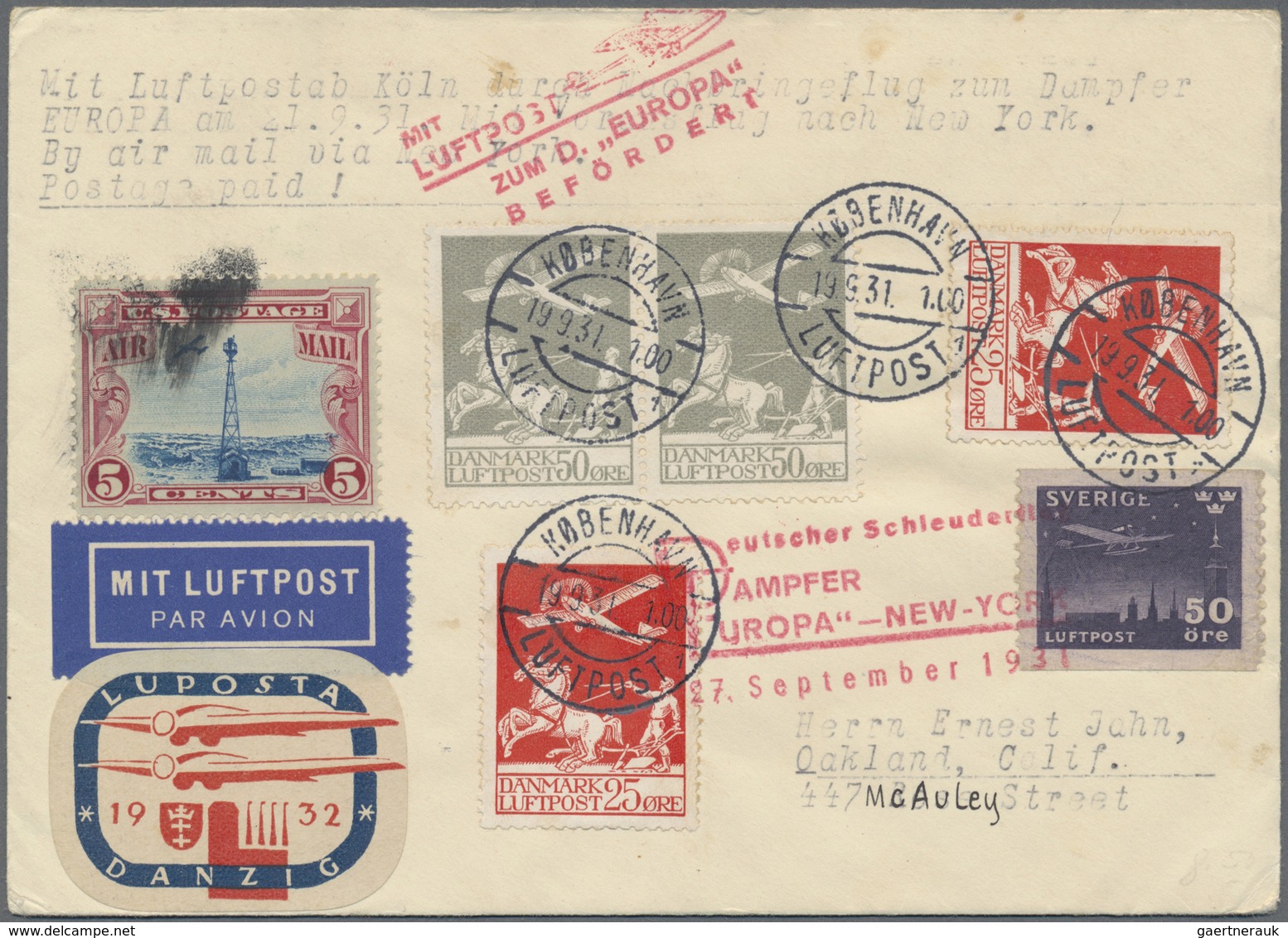 Br Dänemark: 1931, Airmails 50ö. Grey Horiz. Pair And Two Single Stamps 25ö. Red In Combination With Sw - Lettres & Documents