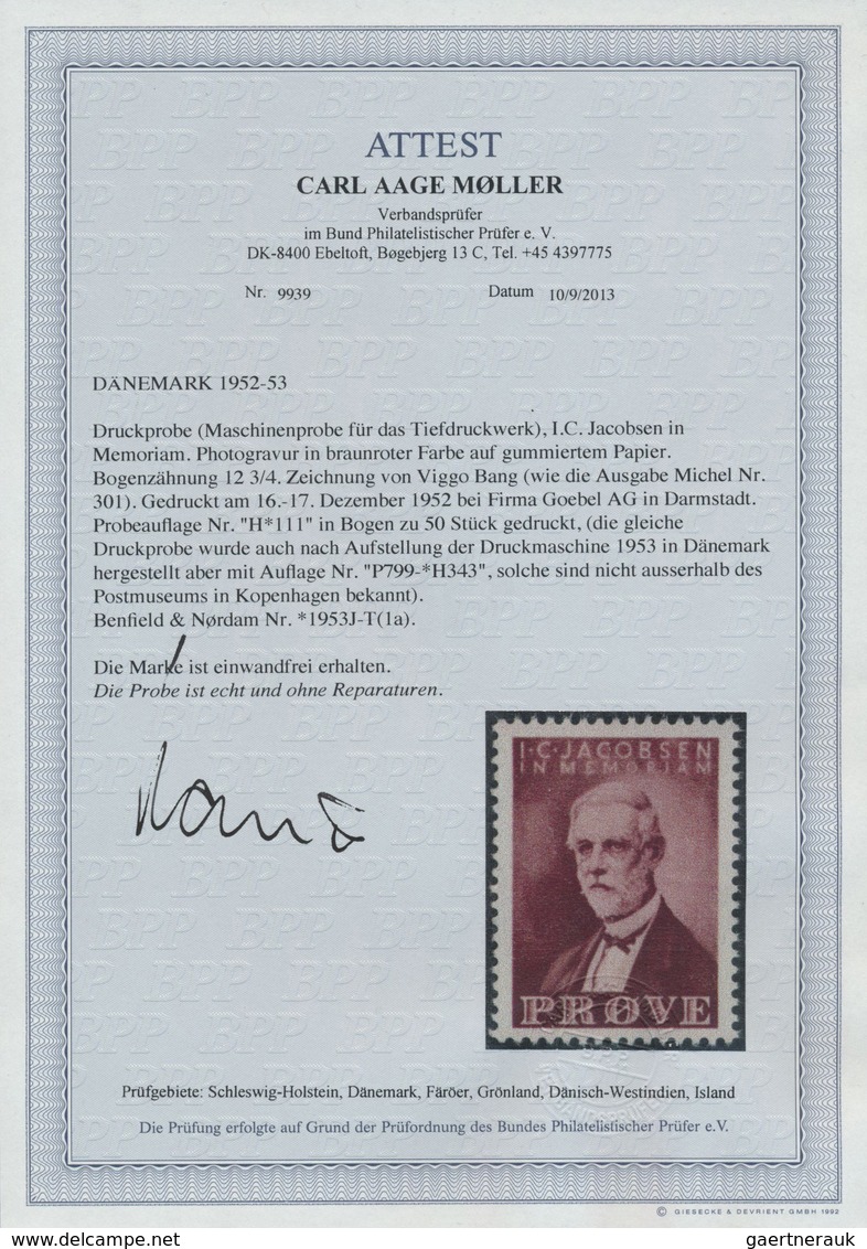 ** Dänemark: 1952, J.C. Jacobsen, Brownish Red, Mnh. Proof, Printed At Goebel In Darmstadt, Photo Attes - Lettres & Documents