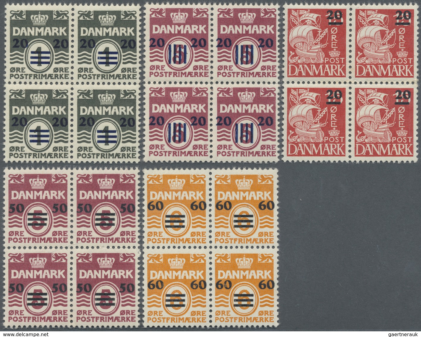 ** Dänemark - Färöer: 1940/1941, Revaluation Overprints, Complete Set Of Five Values As Blocks Of Four - Féroé (Iles)