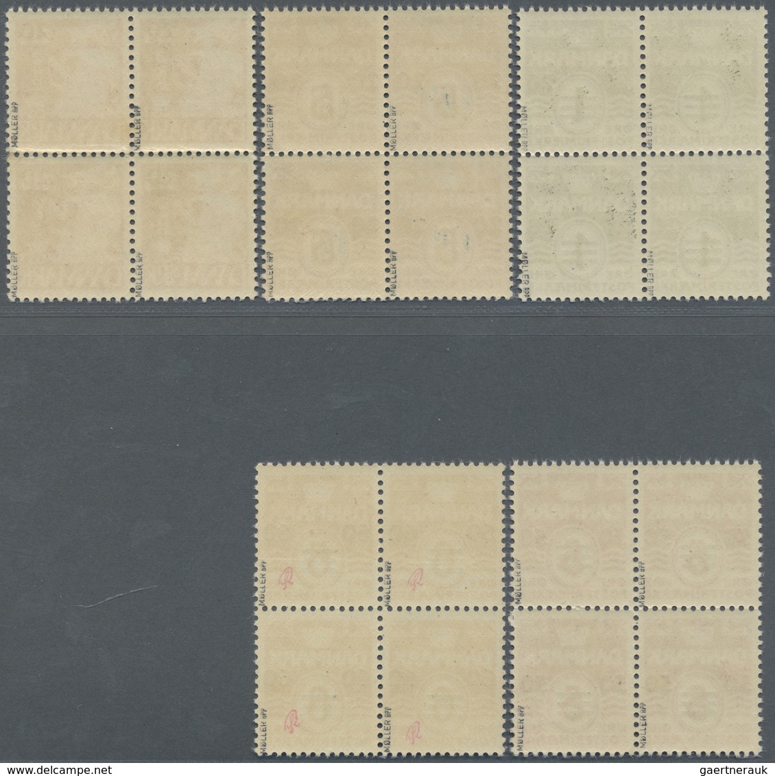 ** Dänemark - Färöer: 1940/1941, Revaluation Overprints, Complete Set Of Five Values As Blocks Of Four - Féroé (Iles)