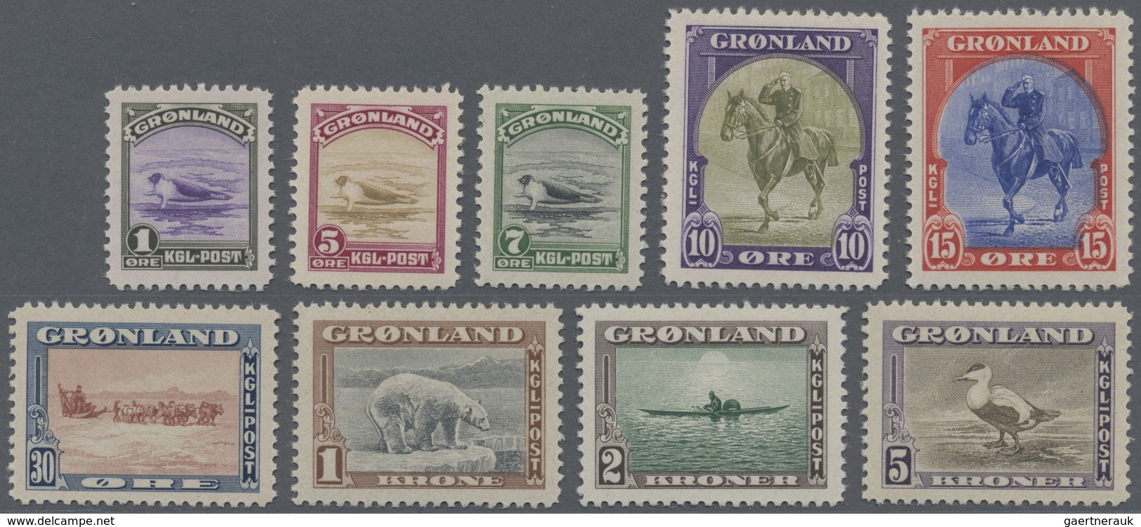 ** Dänemark - Grönland: 1945. Two Complete Sets: Definitives Issue (9 Values) And Liberation Issue (9 V - Covers & Documents