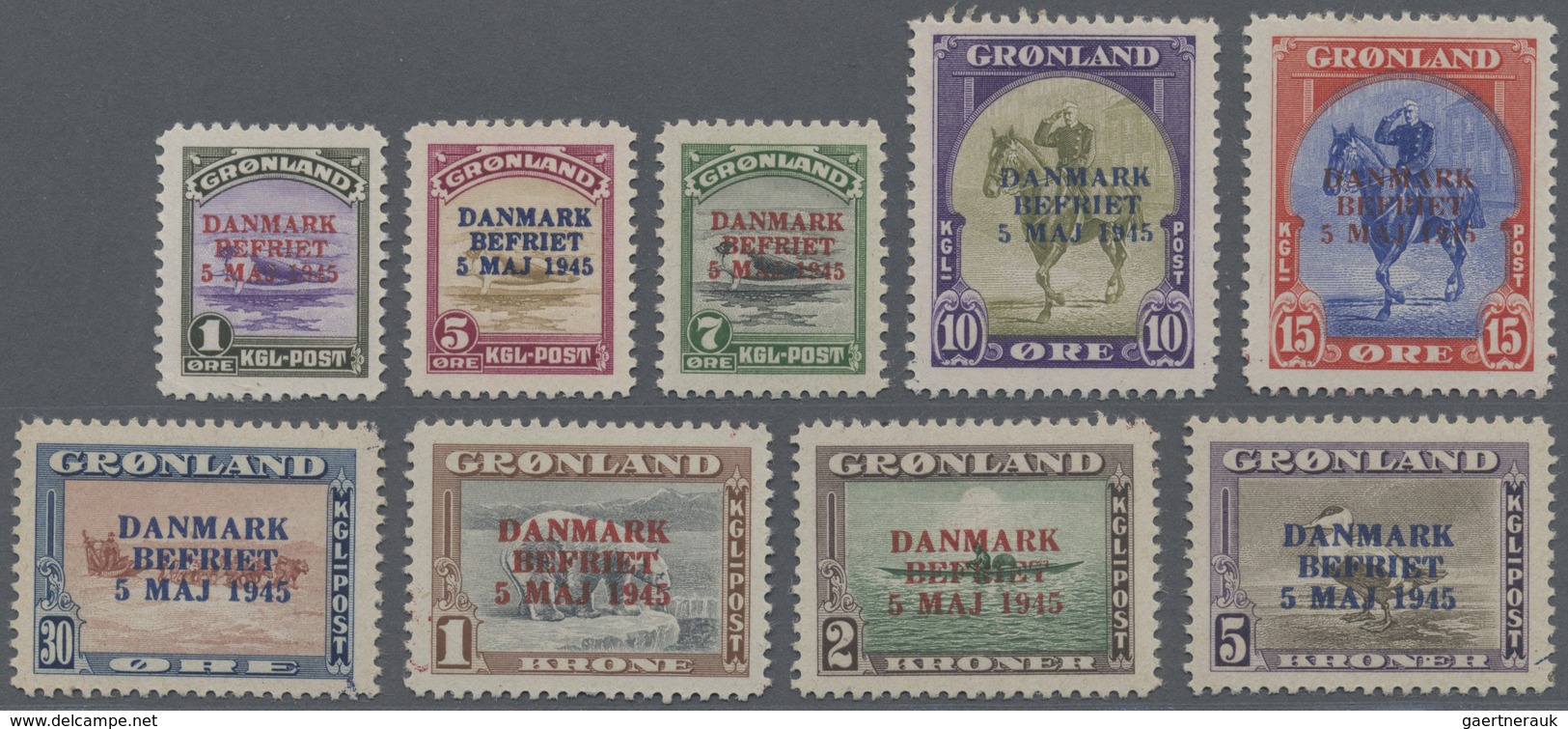 ** Dänemark - Grönland: 1945. Two Complete Sets: Definitives Issue (9 Values) And Liberation Issue (9 V - Covers & Documents