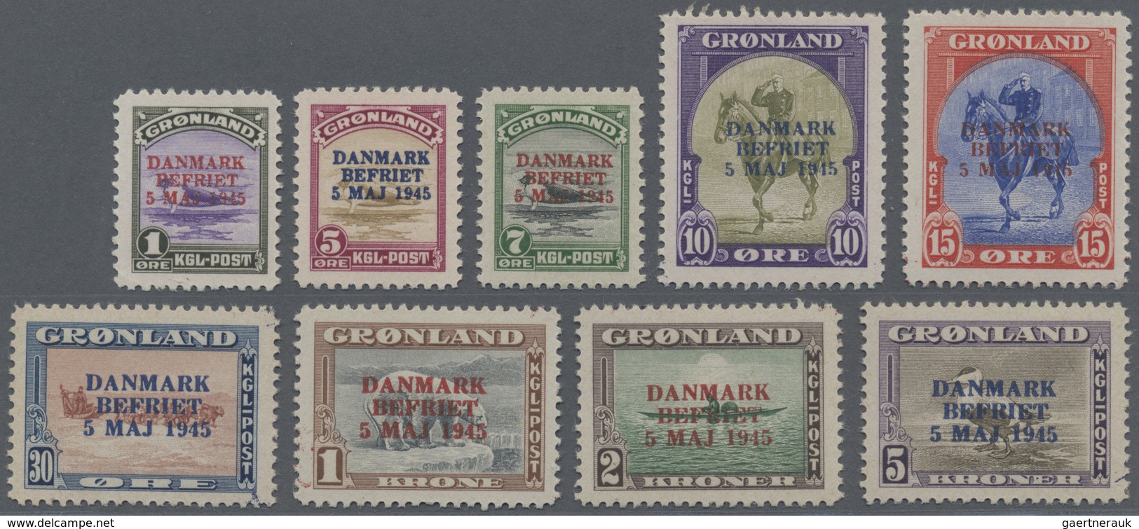 ** Dänemark - Grönland: 1945. Two Complete Sets: Definitives Issue (9 Values) And Liberation Issue (9 V - Brieven En Documenten