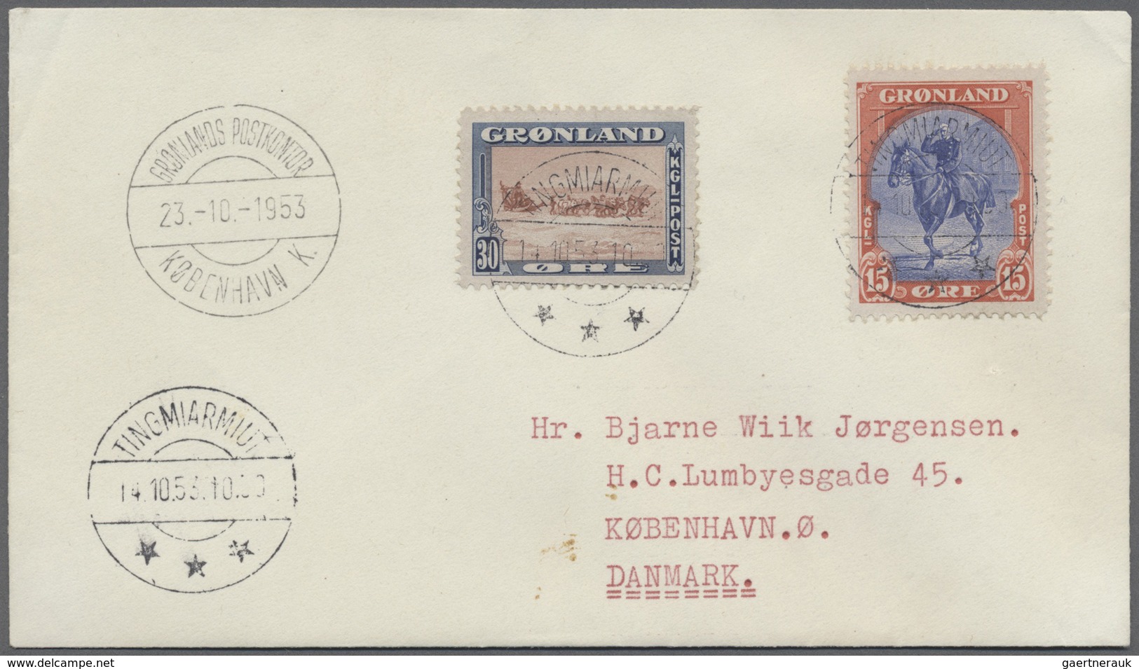Br Dänemark - Grönland: 1953, Portogerechter Lp-Brief Von "Tingmiarmiut 14.10.53" Nach Kopenhagen, Ank. - Lettres & Documents