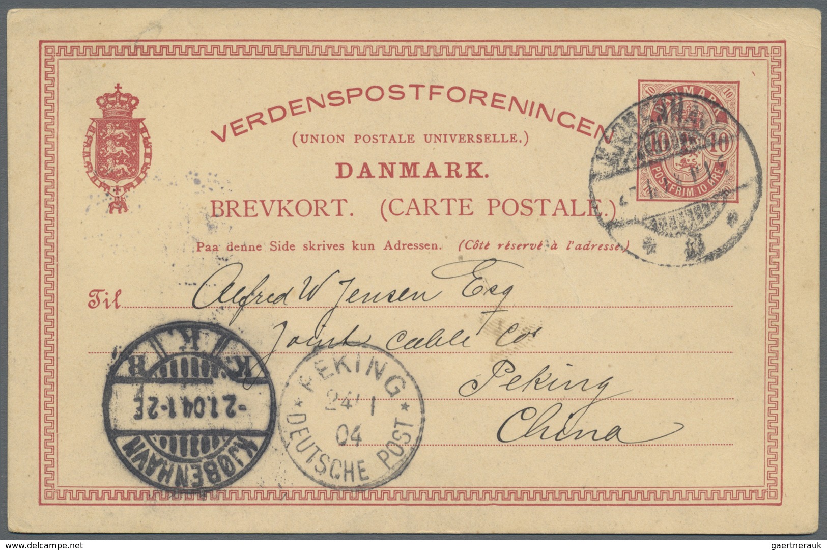 GA Dänemark - Ganzsachen: 1904, 10 Ore Stat. Card Sent From KOPENHAGEN To Peking With German Arrival Ma - Entiers Postaux