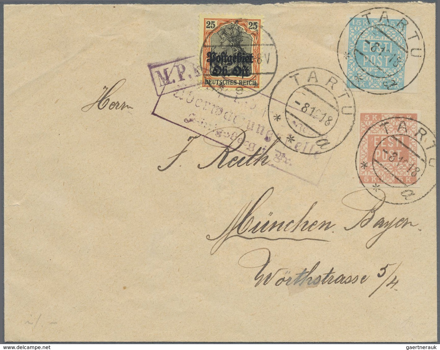 Br Estland: 1918, Combination Franking Estonia/German Occupation, Cover Bearing 5kop. Red And 15kop. Bl - Estonie