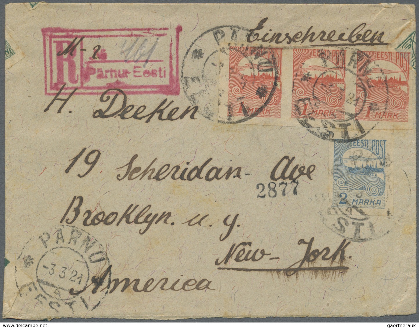 Br Estland: 1920-21 Three Registered Covers To Brooklyn, N.Y., U.S.A. Franked With 'Reval' Definitives, - Estonia