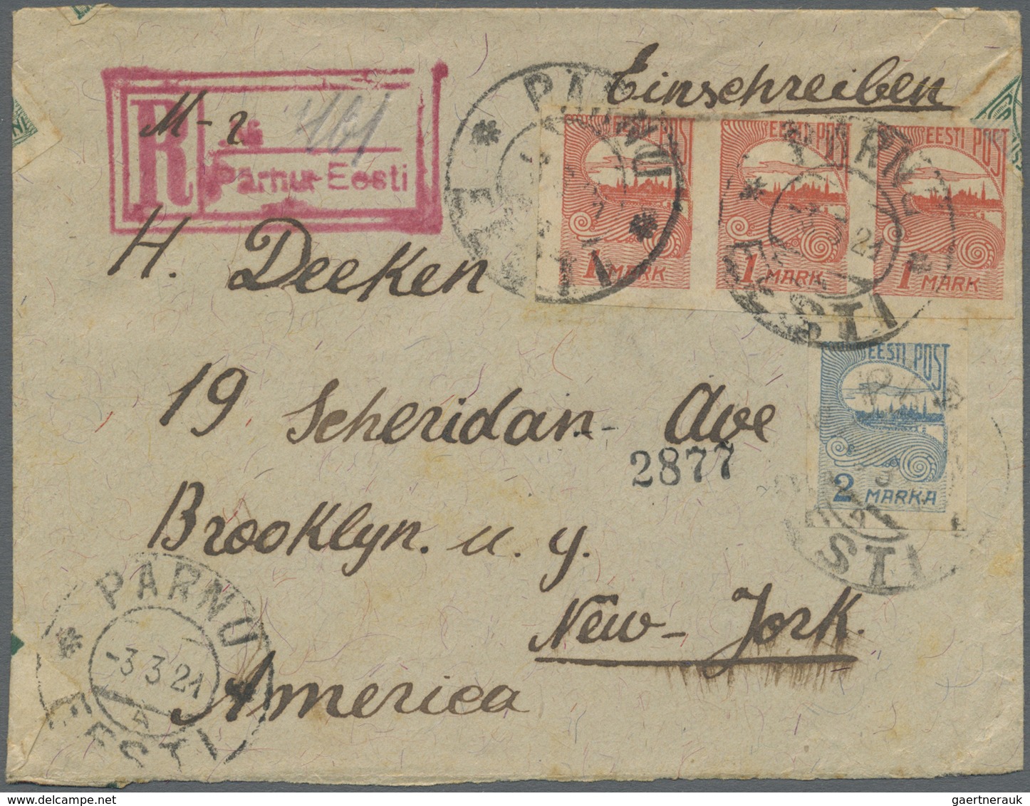 Br Estland: 1920-21 Three Registered Covers To Brooklyn, N.Y., U.S.A. Franked With 'Reval' Definitives, - Estland