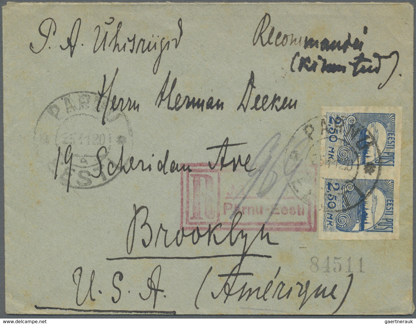 Br Estland: 1920-21 Three Registered Covers To Brooklyn, N.Y., U.S.A. Franked With 'Reval' Definitives, - Estonie