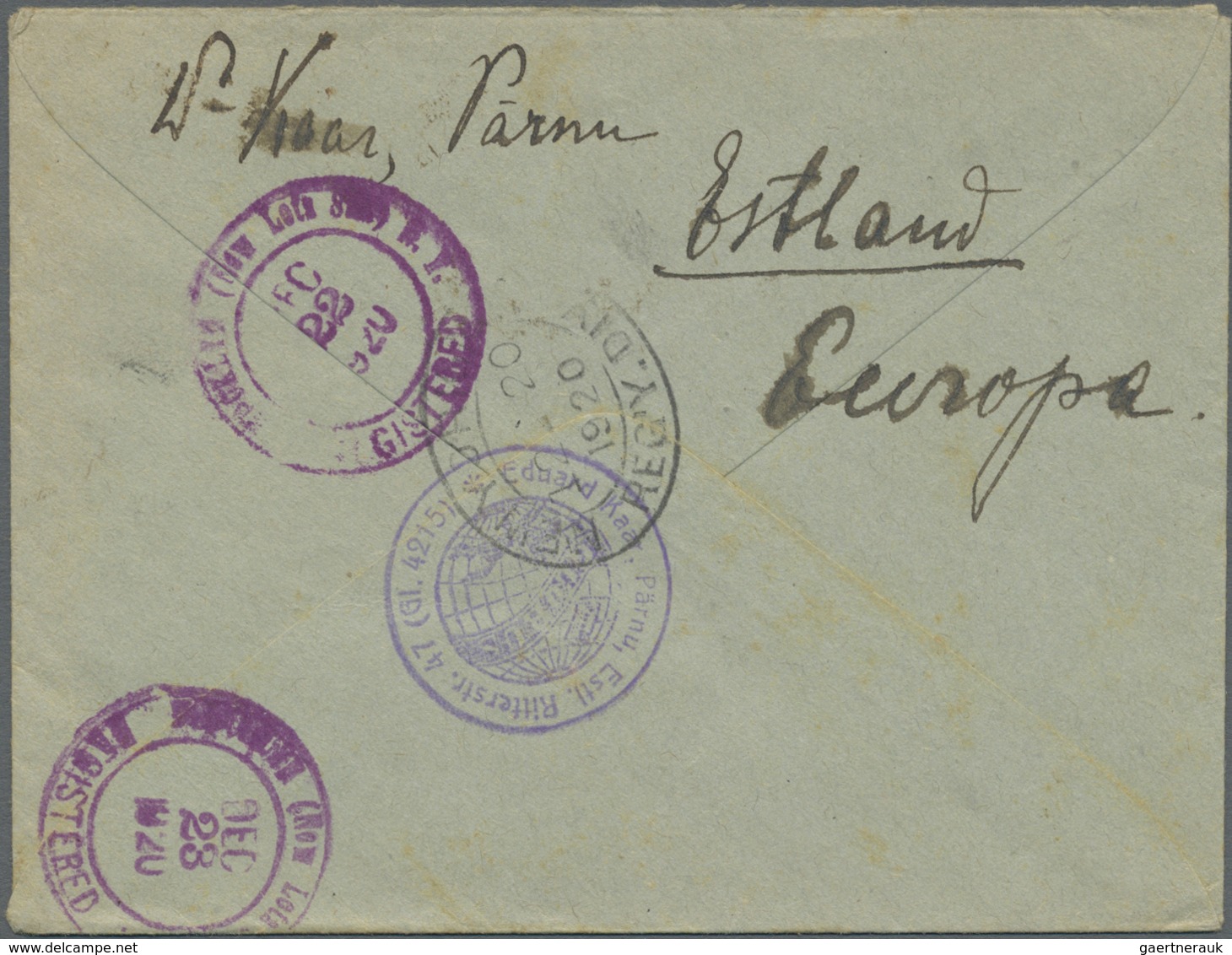 Br Estland: 1920-21 Three Registered Covers To Brooklyn, N.Y., U.S.A. Franked With 'Reval' Definitives, - Estonie