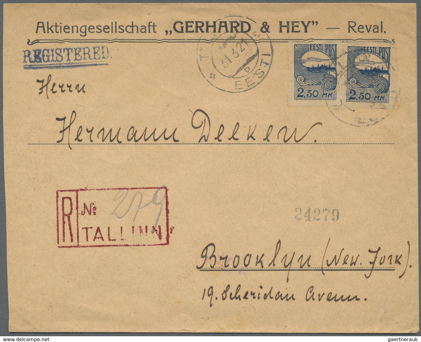 Br Estland: 1920-21 Three Registered Covers To Brooklyn, N.Y., U.S.A. Franked With 'Reval' Definitives, - Estonia