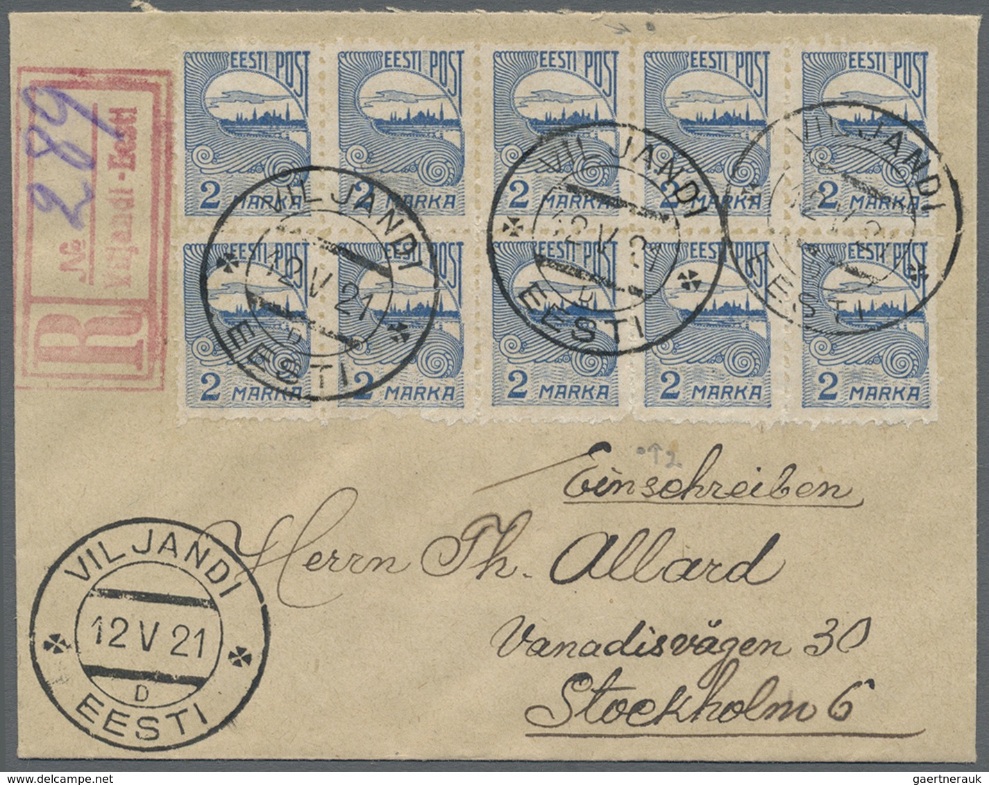 Br Estland: 1920, 2 M Blue In Block Of Ten, All With PRIVATE POSTMASTER PERFORATION On Registered Cover - Estonia