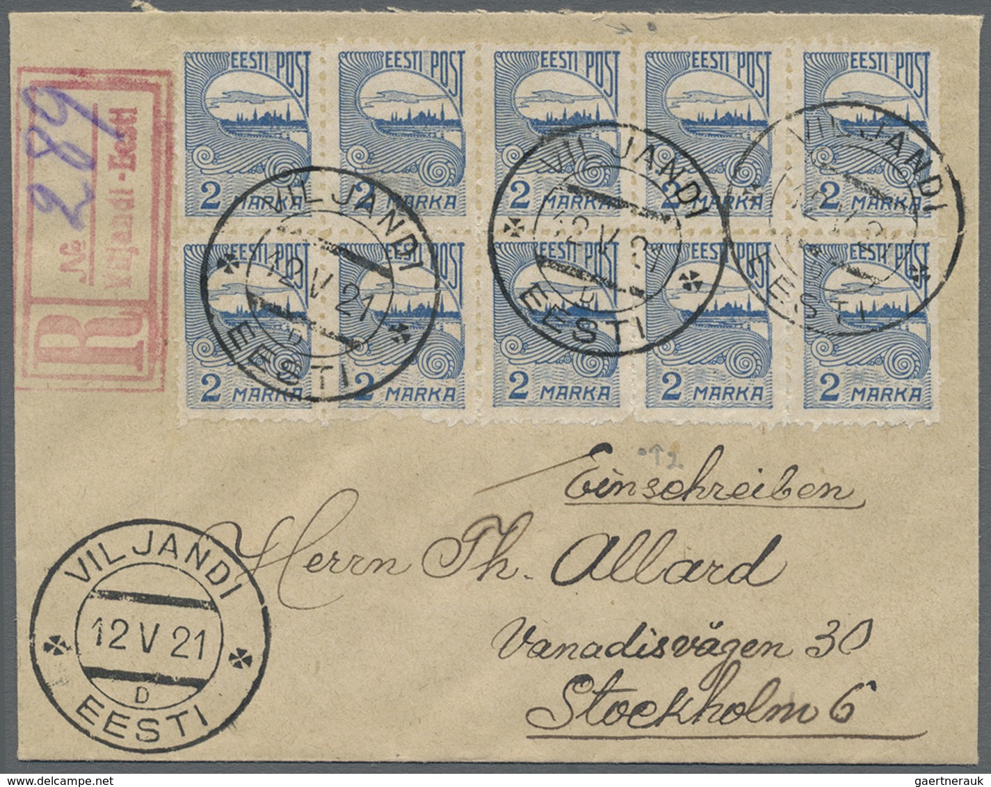 Br Estland: 1920, 2 M Blue In Block Of Ten, All With PRIVATE POSTMASTER PERFORATION On Registered Cover - Estland