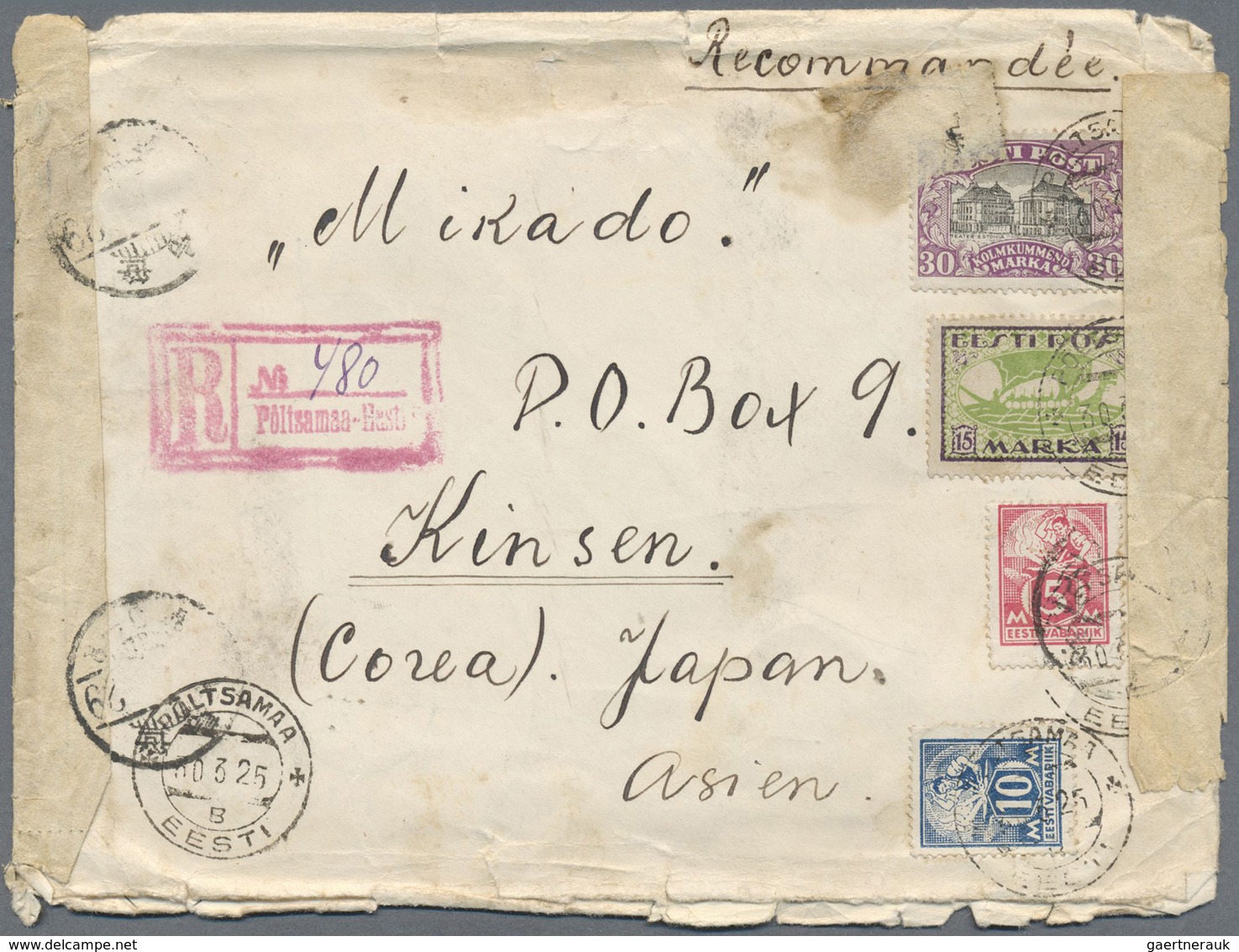 Br Estland: 1925, 5 M Carmine, 10 M Blue, 15 M Violet/green And 30 M Violet/black, Mixed Franking On Re - Estonia