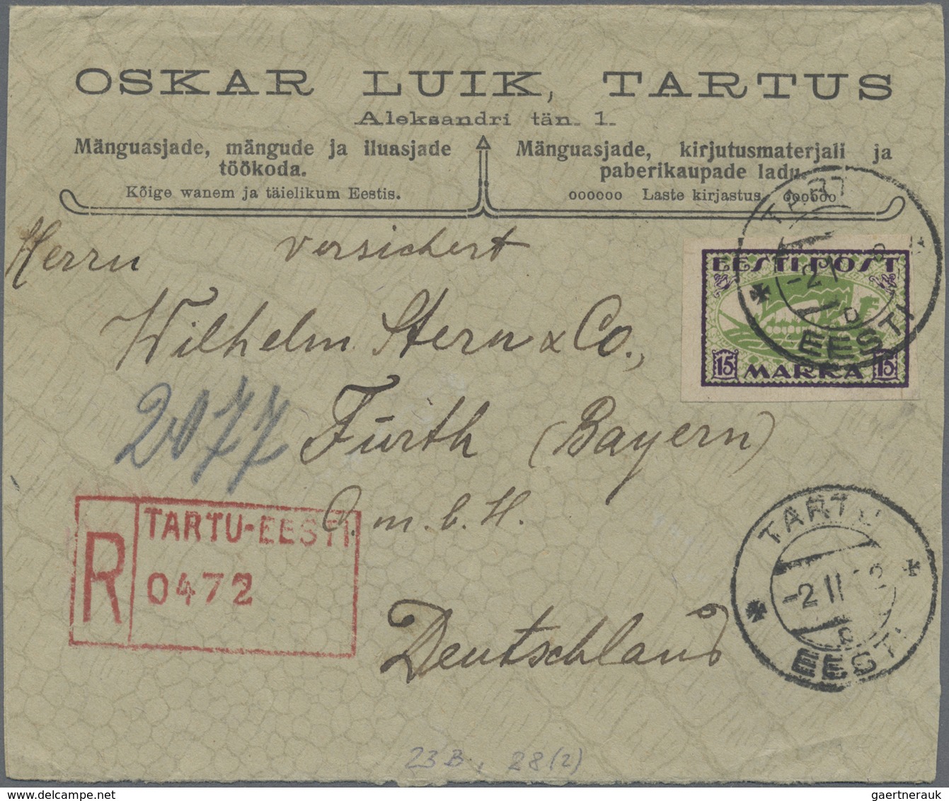 Br Estland: 1922, 15 M Viking Ship And Red R-postmark In Front Of A Cover From Tartu To Fürth/Bayern, O - Estonia