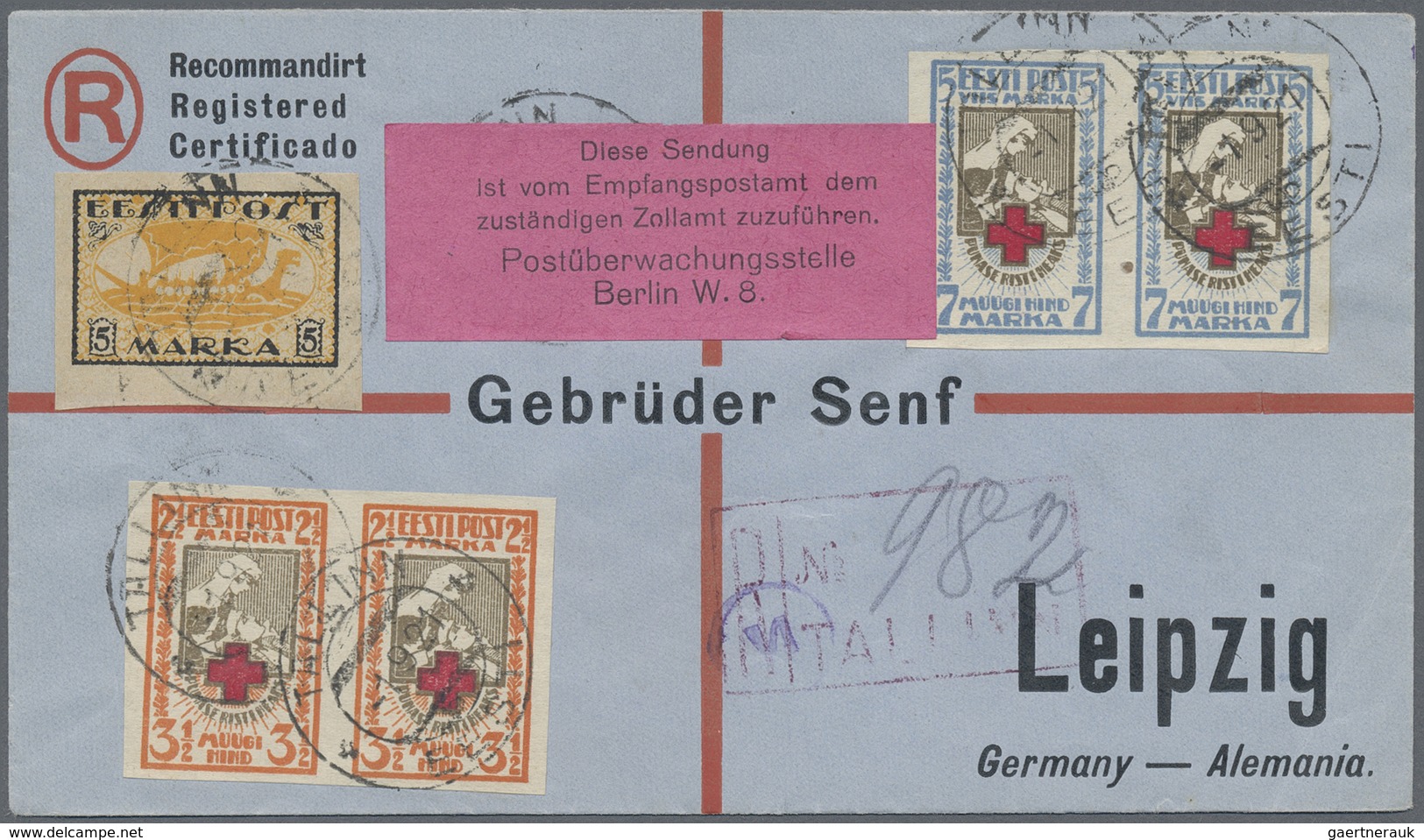 Br Estland: 1921, Registered Letter From TALLIN With Imperf. Pair Of Of Red Cross Set To Leipzig. Unusu - Estonia