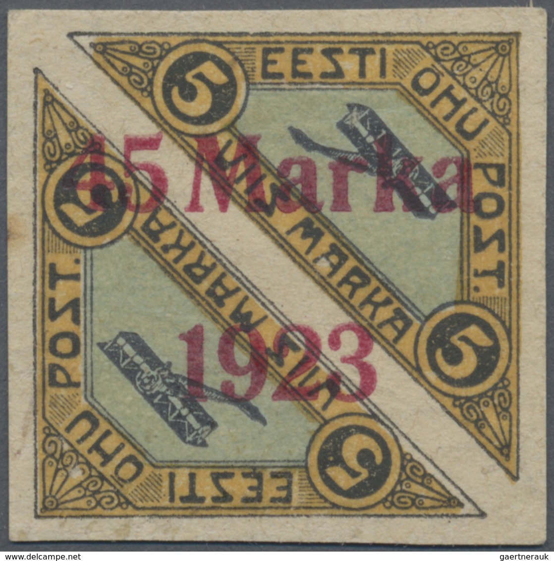 * Estland: 1923, Airmail 45 M. On 5 M. Imperforated With Overprint "distance Between 5 And Marka 1,00 - Estonia