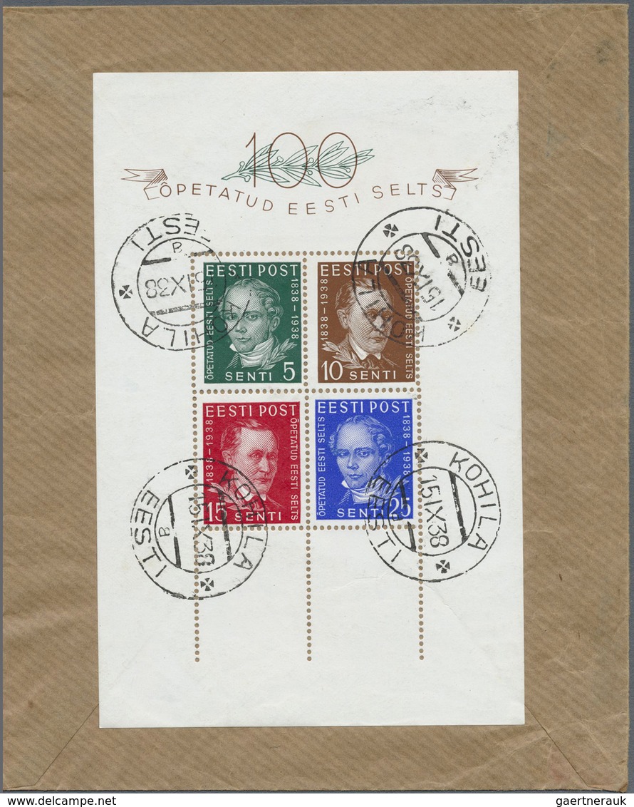 Br/Brfst Estland: 1938, Two Souvenir Sheets: Ühisabi (coat Of Arms) On Reverse Of Envelope Oblit. "TALLINN V - Estonie