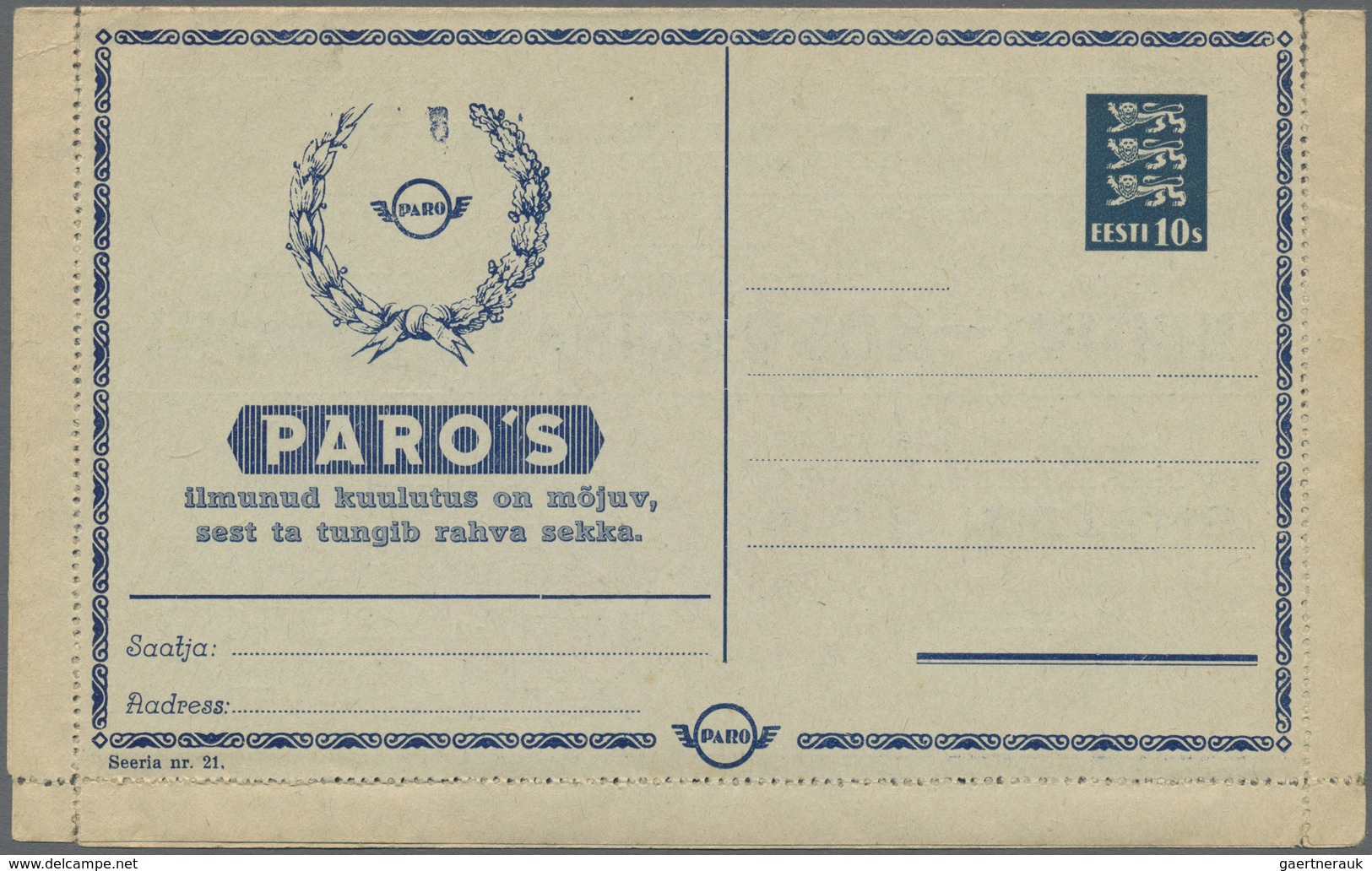 GA Estland - Ganzsachen: 1937, Estland, Letter Card 10s. Blue With Private Advertisement Imprints "seer - Estland