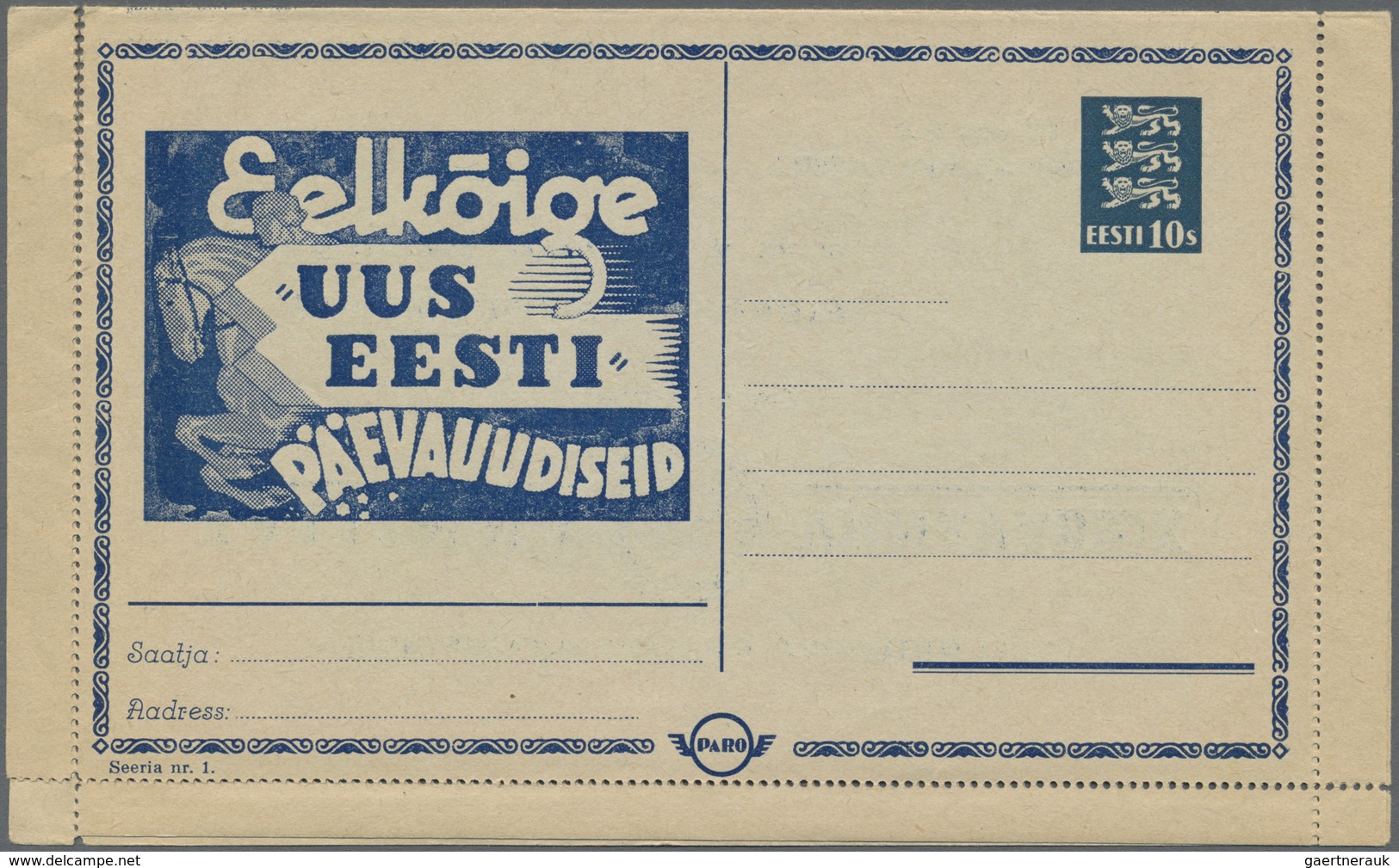 GA Estland - Ganzsachen: 1937, Estland, Letter Card 10s. Blue With Private Advertisement Imprints "seer - Estland