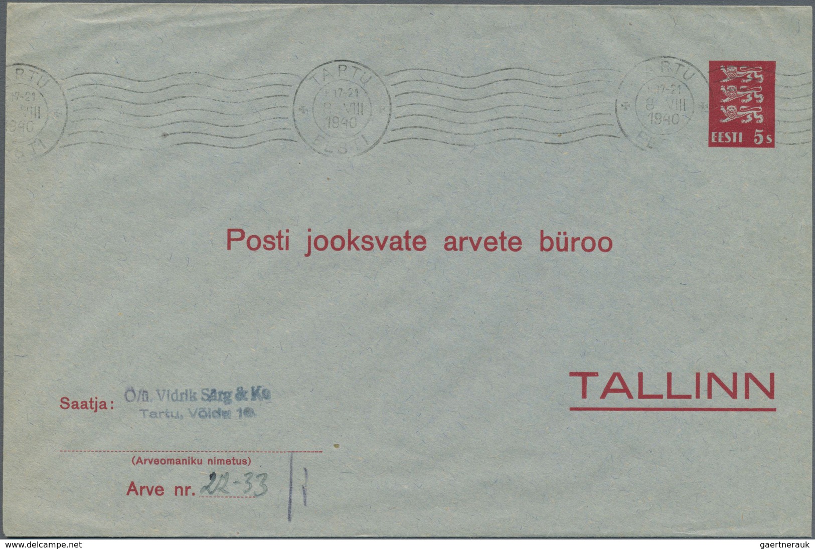 GA Estland - Ganzsachen: 1940, 5s. Red, Stationey Envelope Used "TARTU 8 VIII 1940". Mi. 220,- €. - Estonie