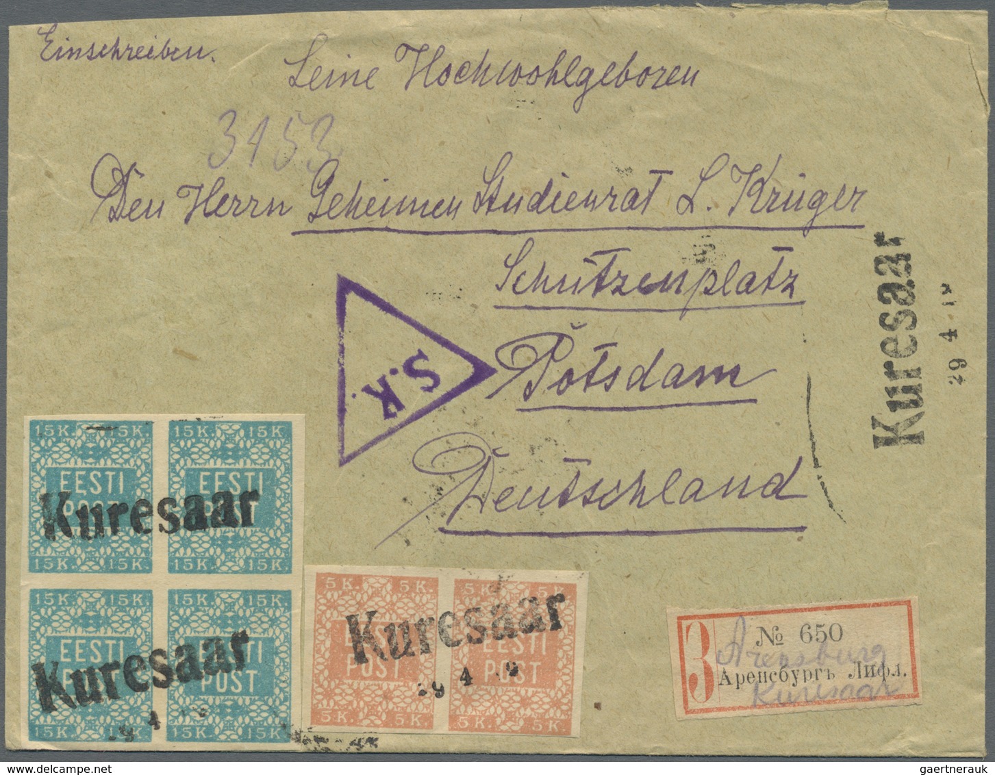 Br Estland - Stempel: 1919, "KURESAAR" Black One-liner On 3 K Pair And 15 K Block Of Four (two Stamps F - Estland