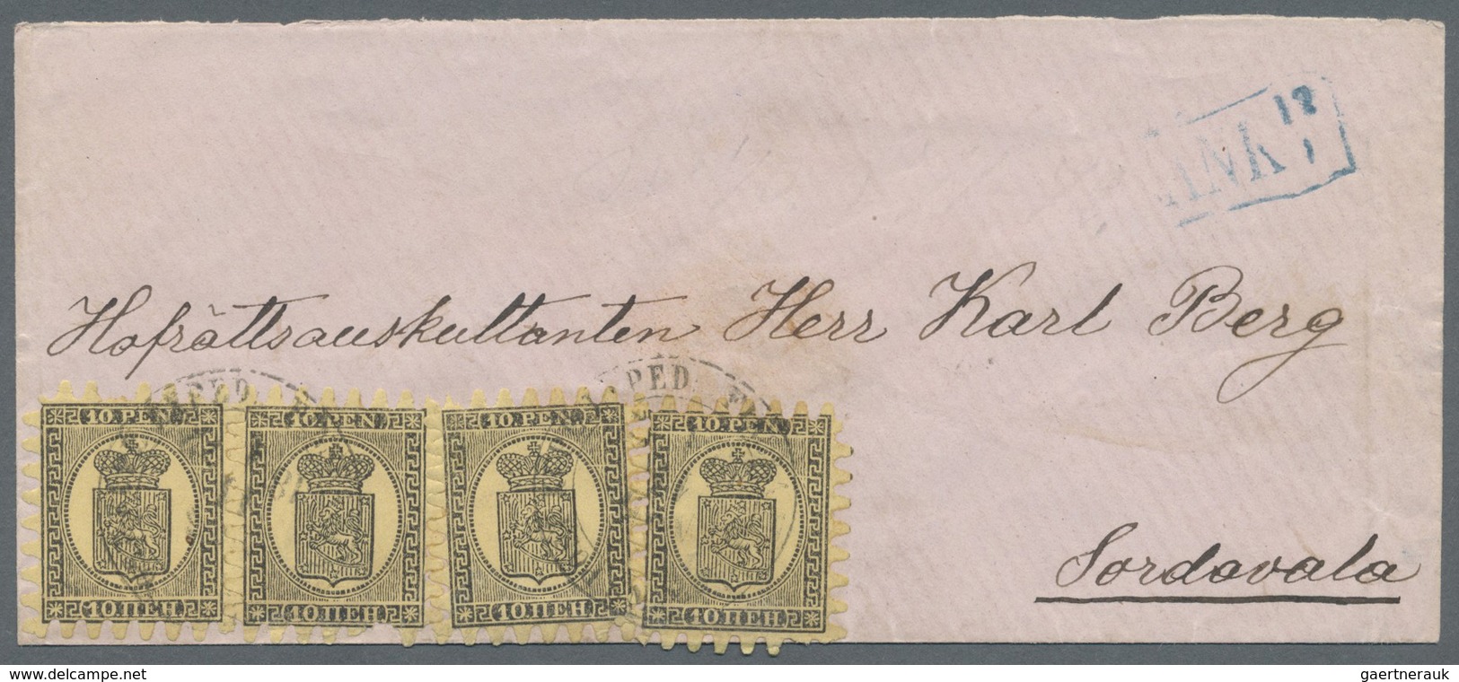 Br Finnland: 1866, 10 Pen. Black On Ordinary Straw-yellow Paper, Perf. III / C (1870), A Horizontal Pai - Covers & Documents