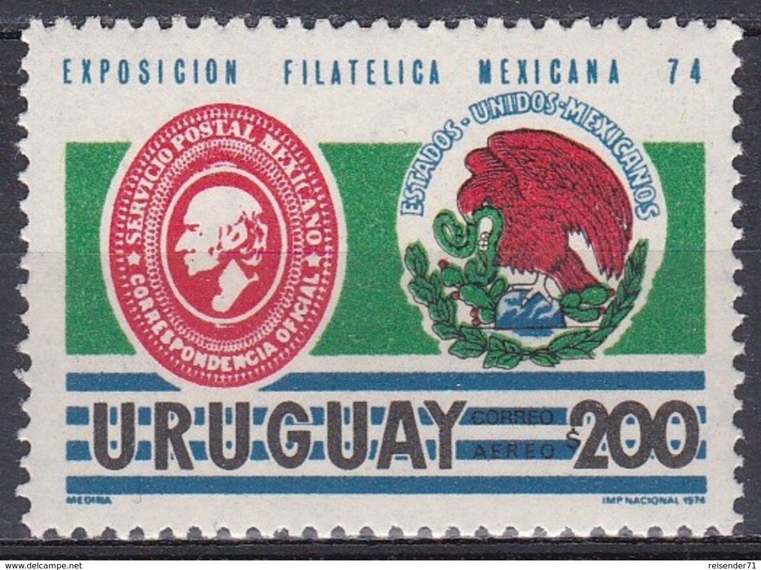 Uruguay 1974 Postwesen Philatelie Briefmarkenausstellung EXFILMEX Mexiko Mexico Wappen Arms, Mi. 1323 ** - Uruguay