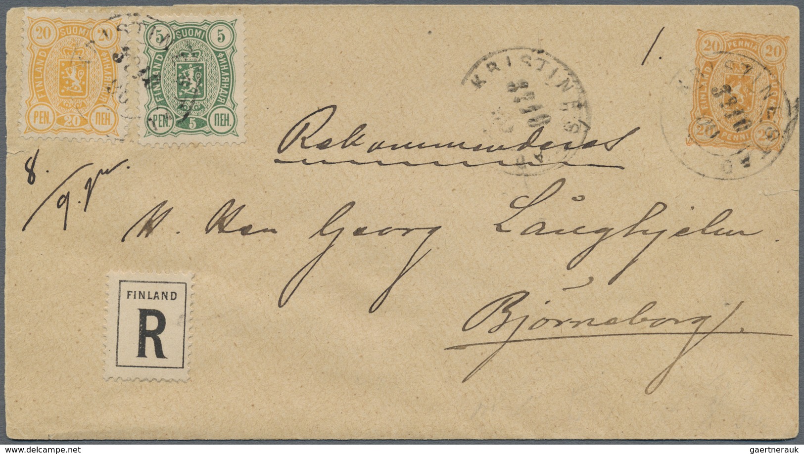 GA Finnland: 1890 GSU 20 P. Mit Zus.-Frank. 5 + 20 P. Als R.-Brief Von "KRISTINESTAD" Nach Bjorneborg, - Covers & Documents