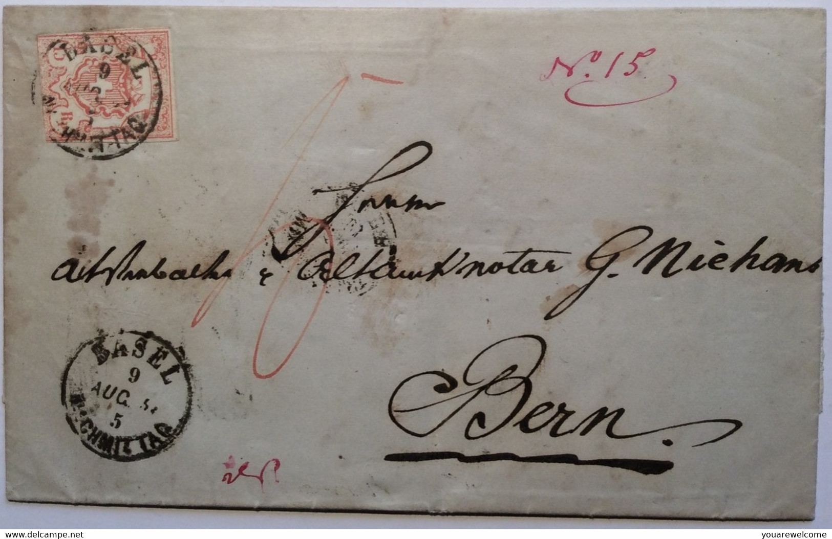 BASEL 1854 15 Rp Rayon III Auf NACHPORTO Brief > Bern (Schweiz Suisse Switzerland Lettre Cover ZNr 20 Postage Due - 1843-1852 Federal & Cantonal Stamps