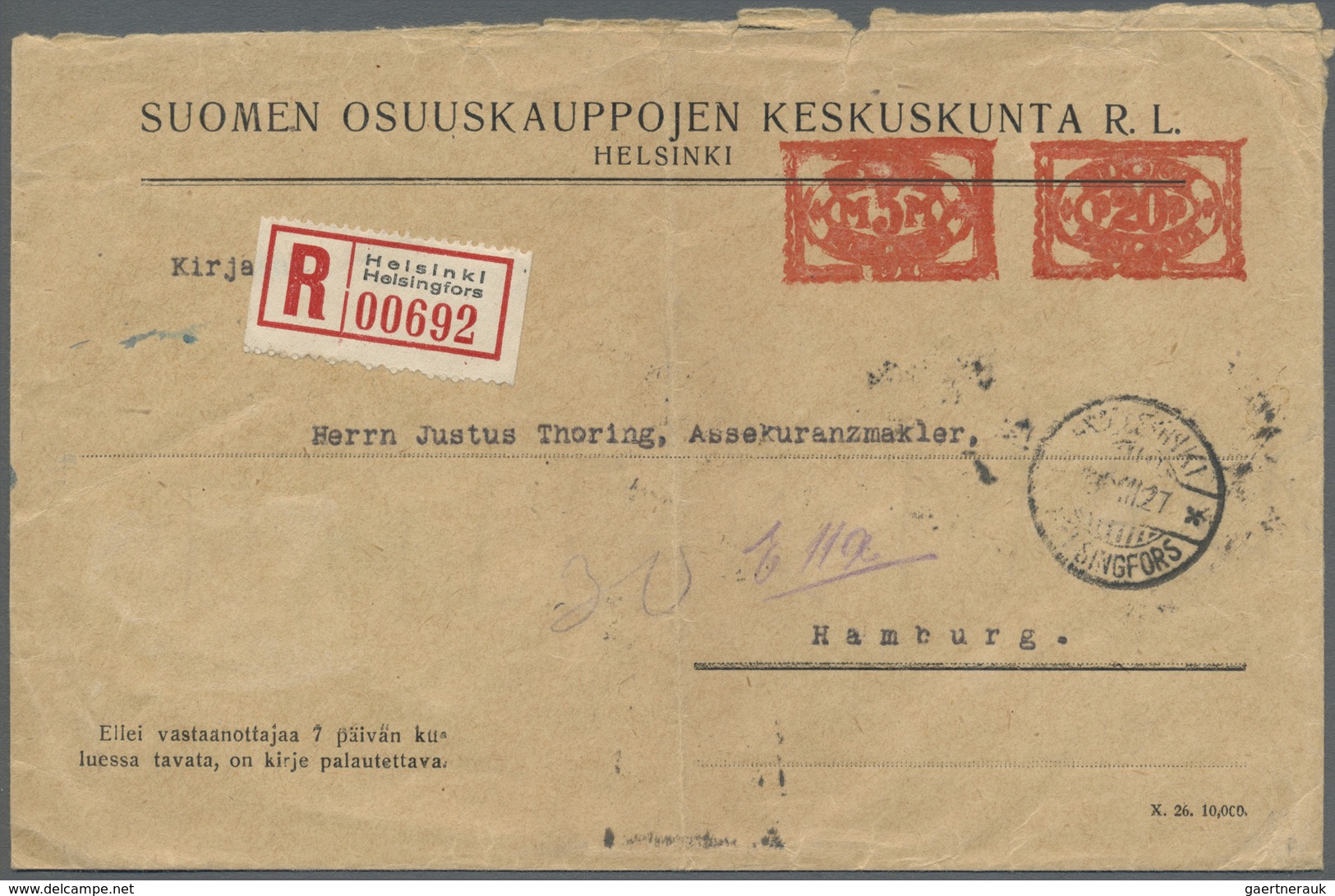 Br Finnland - Besonderheiten: 1927 (Dec.), Registered Company Cover 'Suomen Osuuskauppojen Keskuskunta - Autres & Non Classés