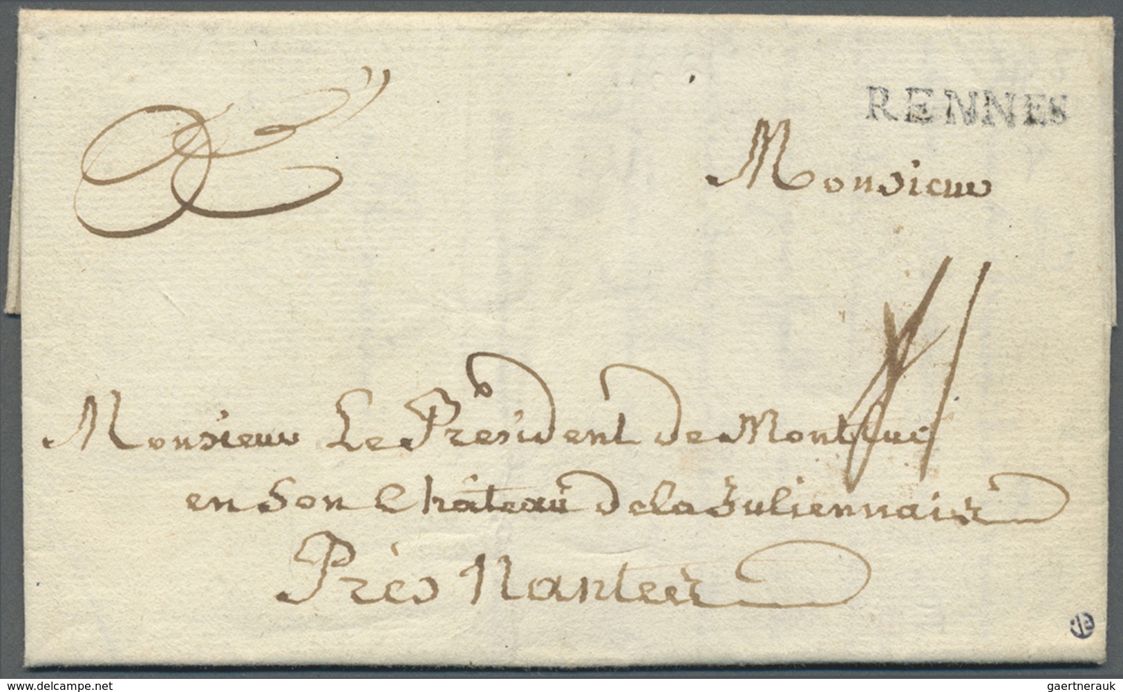 Br Frankreich - Vorphilatelie: 1766, Parlement Of Britanny, Complete Folded Letter Cover From RENNES Ad - 1792-1815: Départements Conquis