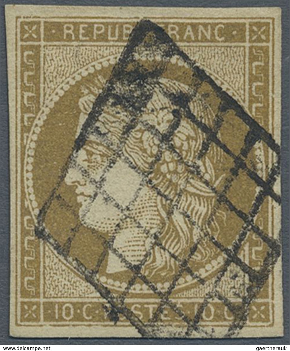 O Frankreich: 1849, 10 C. "bistre Verâtre Foncé", Very Good Margins All Around, Used With Grid Cancell - Gebruikt