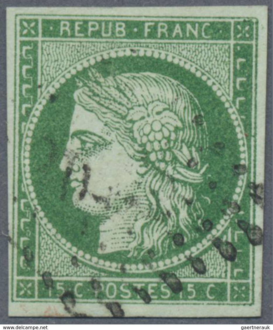 O Frankreich: 1850, 15 C. Green Ceres Imperf With Well Margins, Used With Grid Cancellation, Signed. S - Oblitérés
