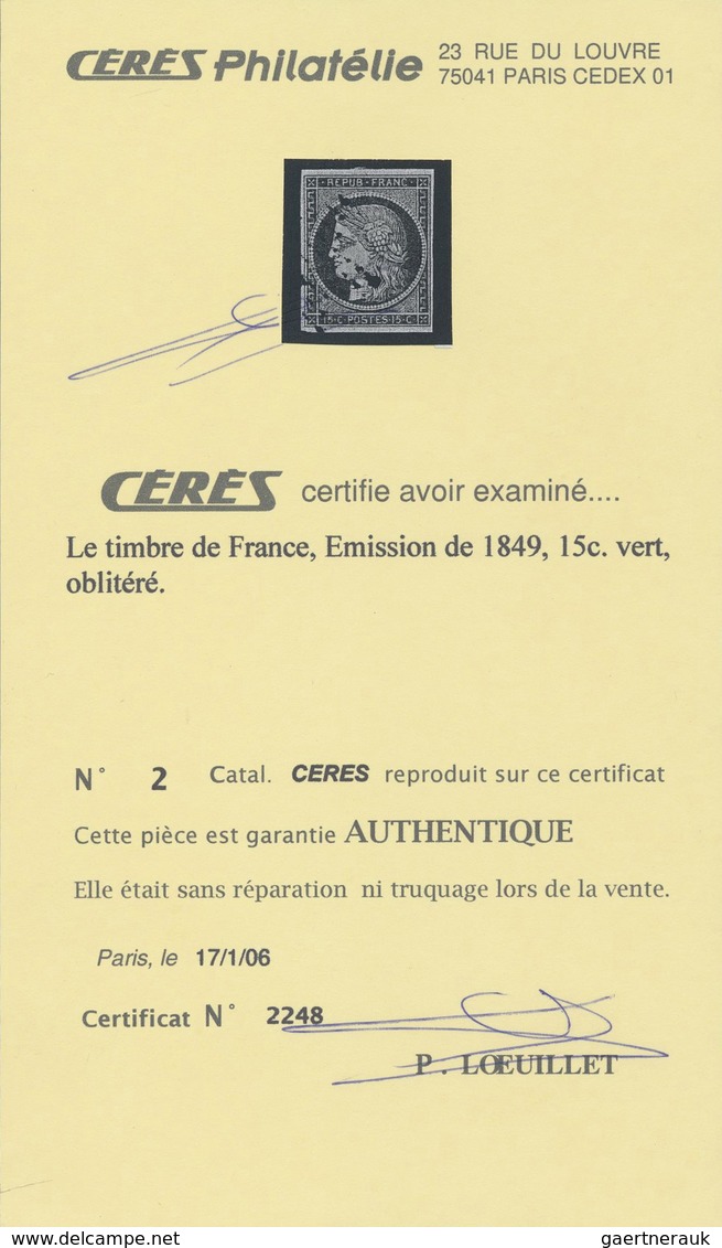 O Frankreich: 1850, 15 C. Green Ceres Imperf With Well Margins, Fine And Signed. Certificate Loeuillet - Gebraucht