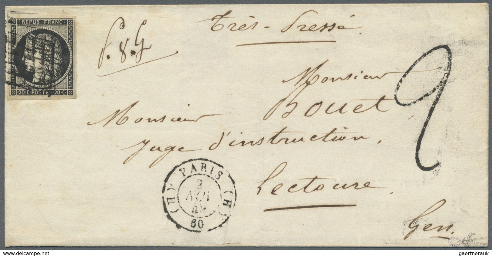 Br Frankreich: 1849, 20c. Black, Fresh Colour, Full To Large Margins With Parts Of Upper Adjoining Stam - Gebruikt